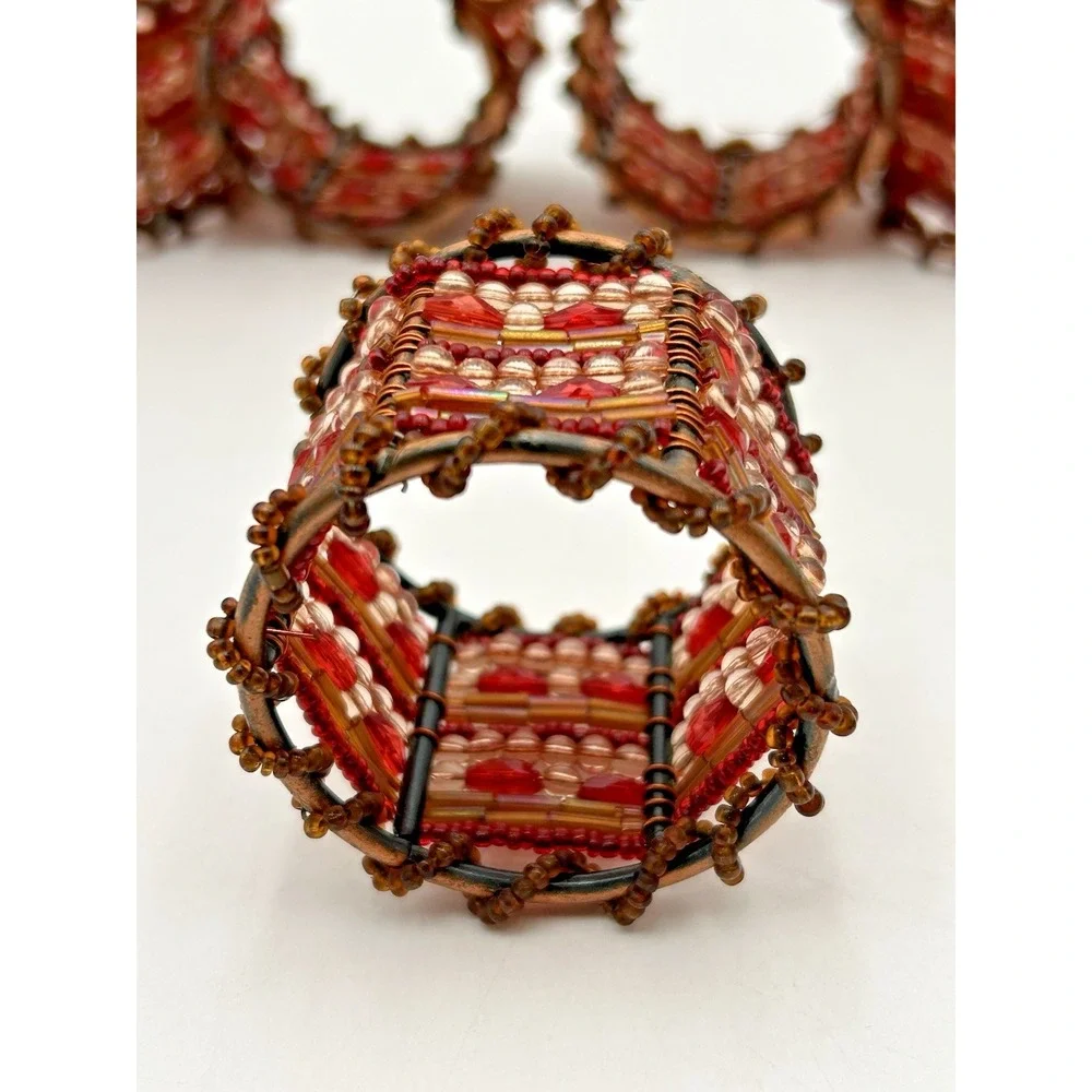 Pier 1 Set of 8 Moroccan Beaded Napkin Rings Red, Orange, and Amber Colored Bead
